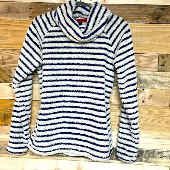Lands’ End size small white with navy stripes long sleeve soft teddy bear top - Picture 1 of 9